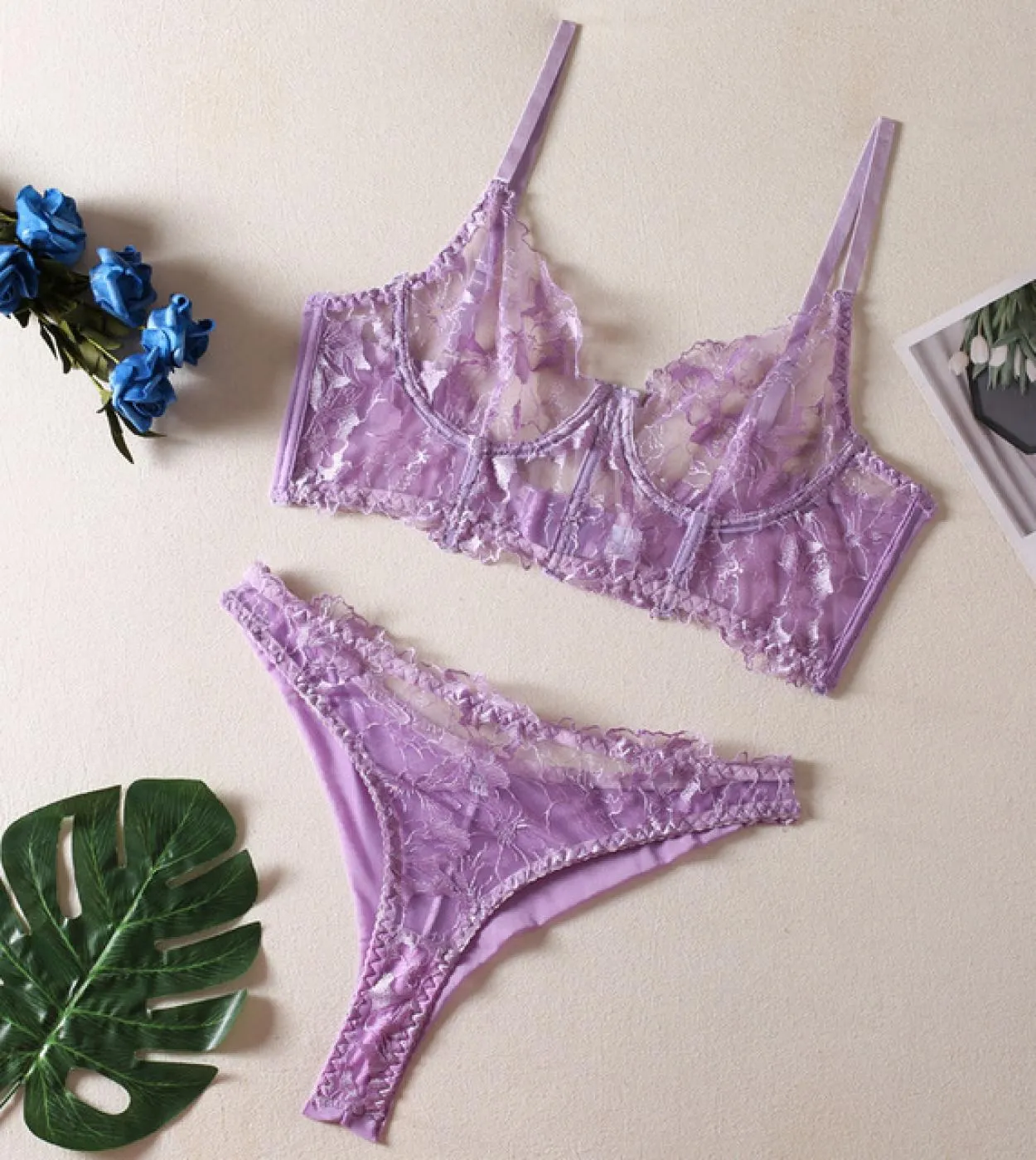 2 Pezzi Lingerie di Pizzo Biancheria Intima in Maglia con Ricami Floreali Trasparenti Vedere Attraverso Porno Costume Intimo Fan
