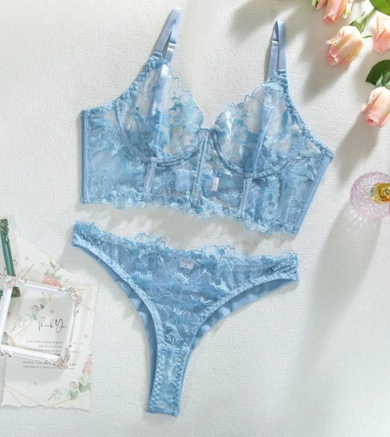2 Pezzi Lingerie di Pizzo Biancheria Intima in Maglia con Ricami Floreali Trasparenti Vedere Attraverso Porno Costume Intimo Fan