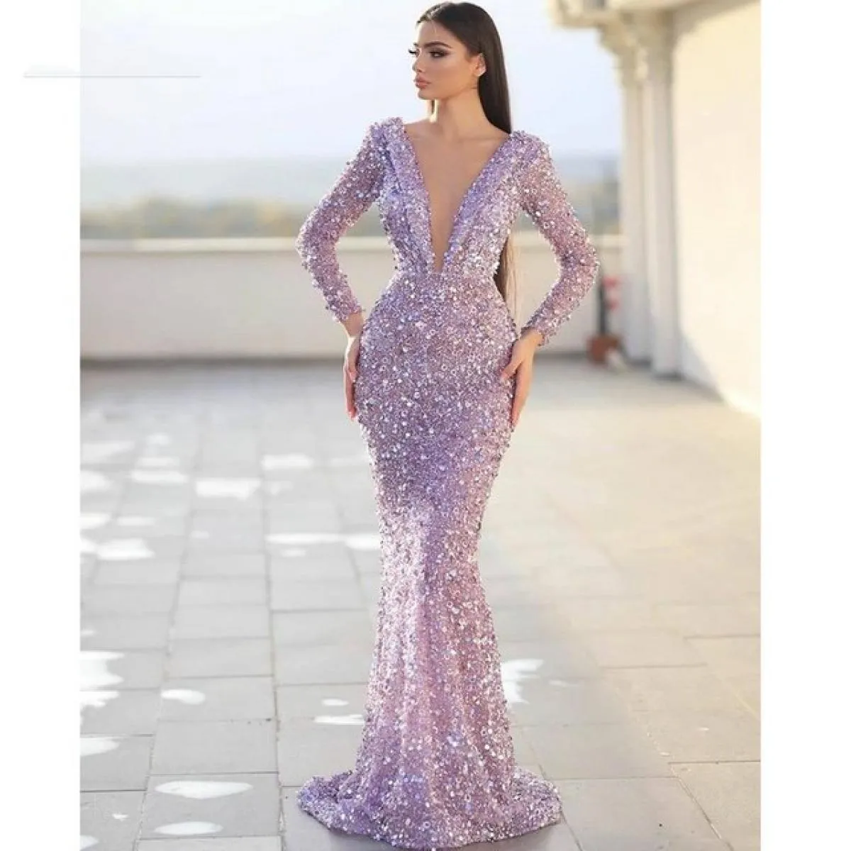 Abiti da sera lilla Abiti sirena scollo a V 2023 maniche lunghe di lusso paillettes perline eleganti per le donne festa personal