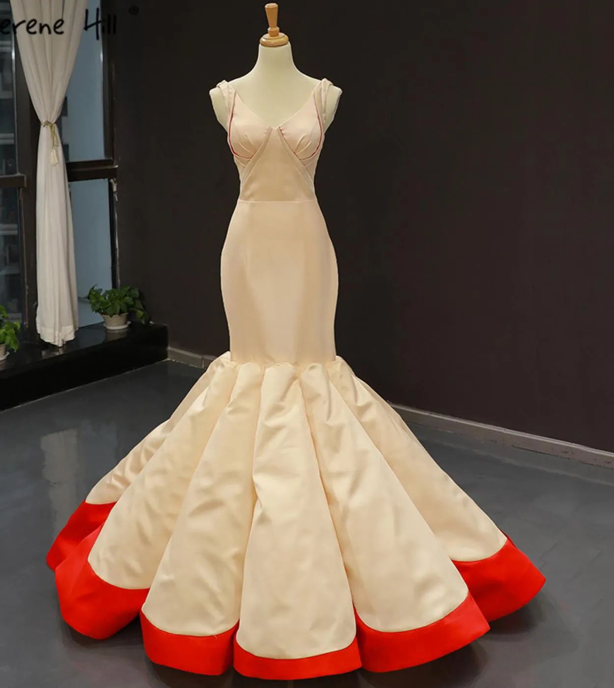 Abiti da sposa semplici con scollo a V rosso champagne Abiti da sposa in raso senza maniche a sirena Real Photo 66788 Matrimonio