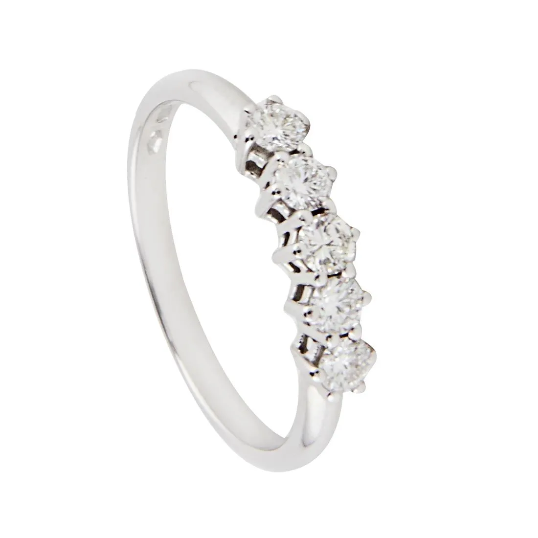 Anello veretta 5 pietre in oro bianco e diamanti ct 0.44, misura 14