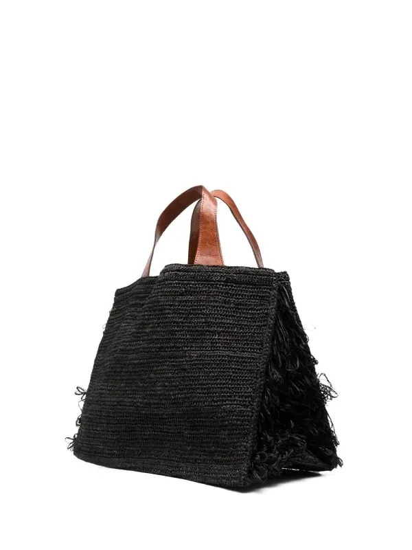 Black double handle bag in raffia with fringes
