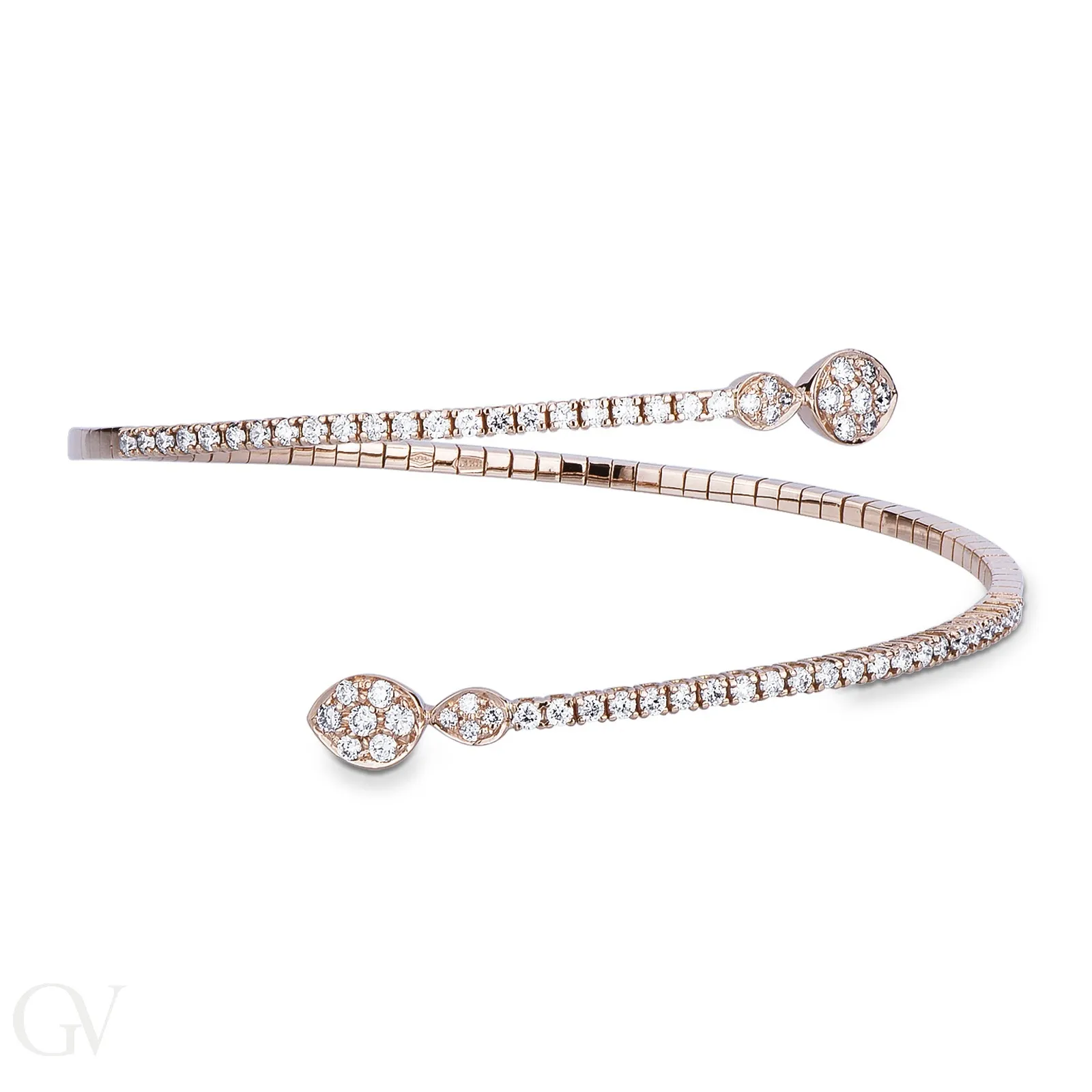 Bracciale semirigido in oro rosa 18k con gocce alle estremità e incastonati diamanti