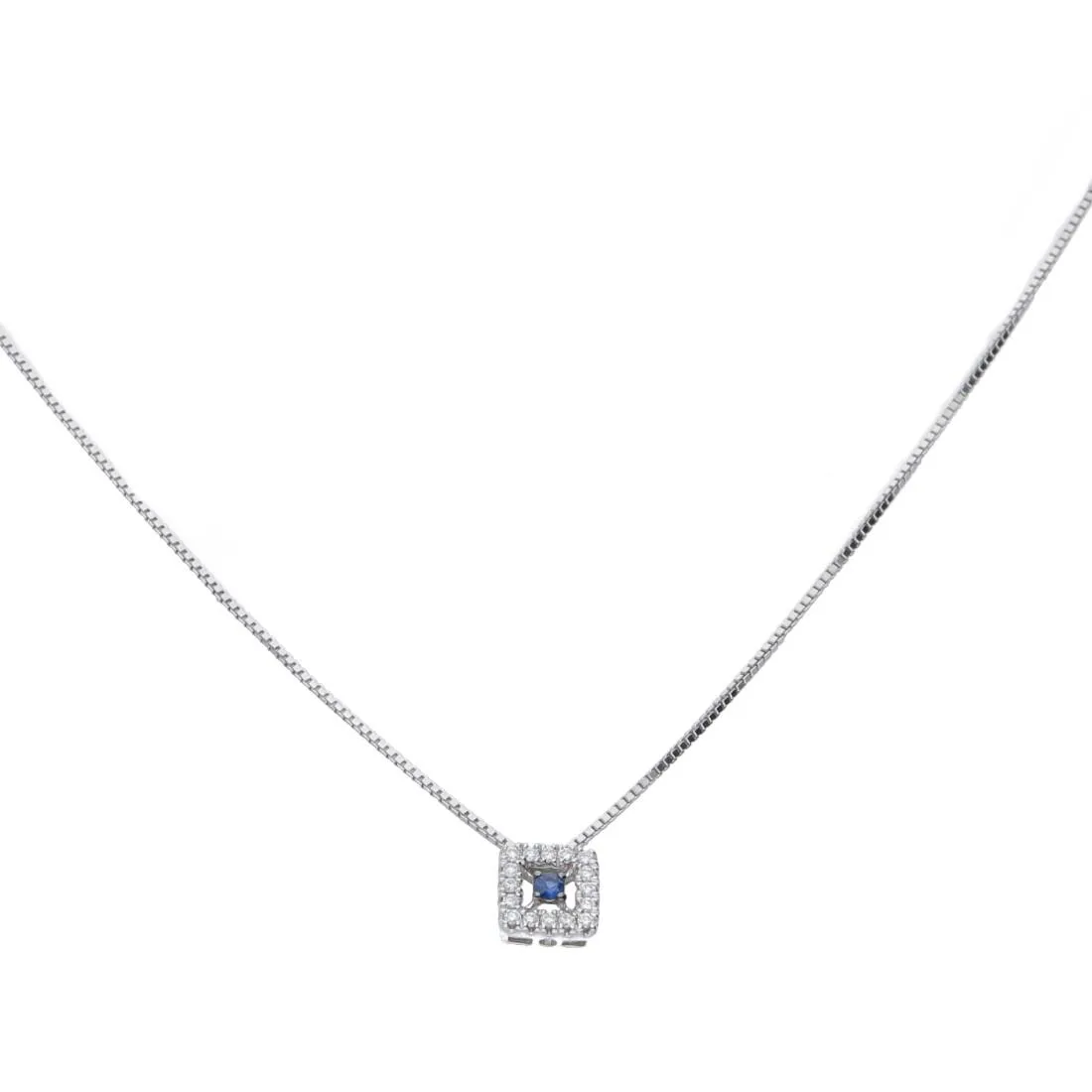 Collana in oro bianco con pendente con diamanti ct 0.05 e zaffiri