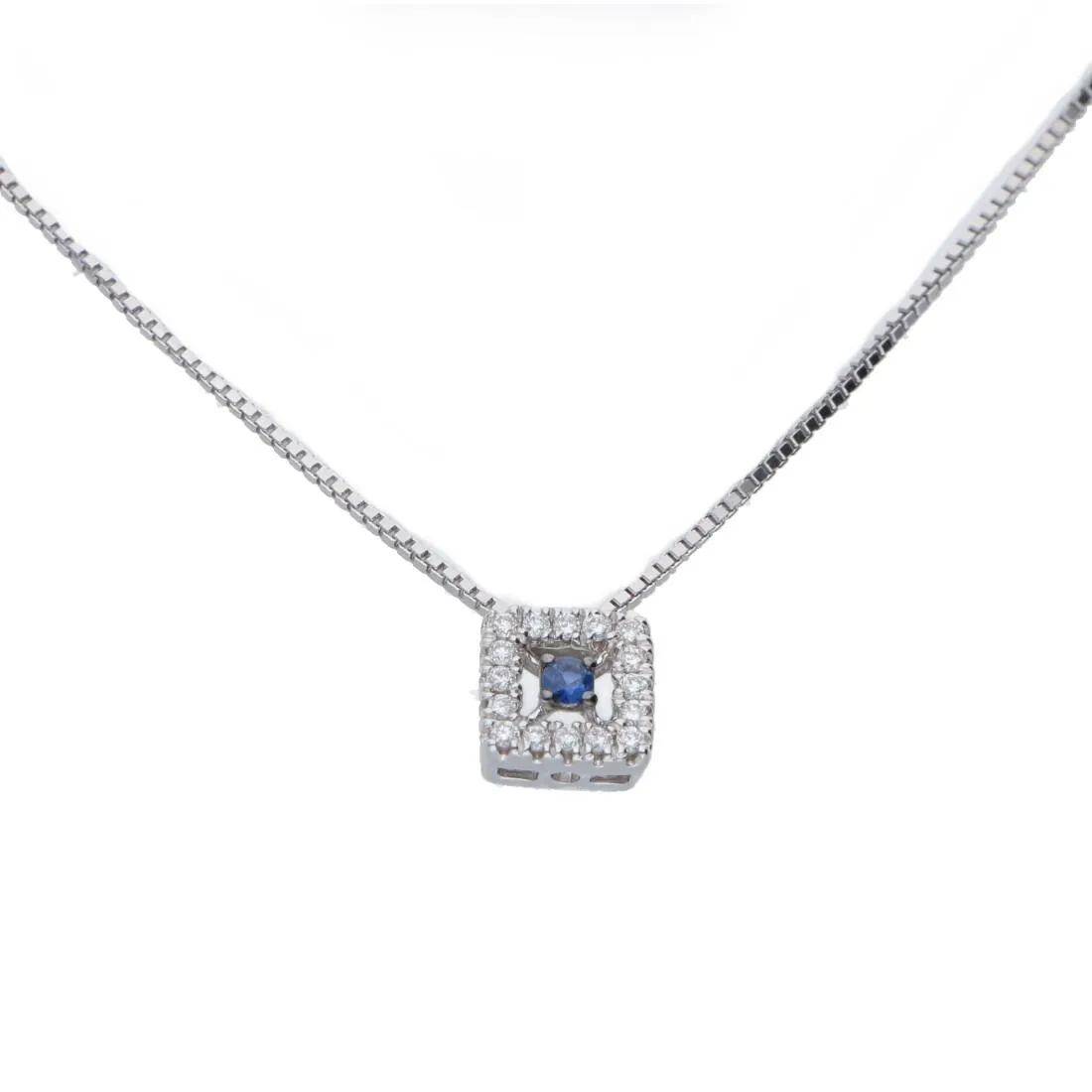 Collana in oro bianco con pendente con diamanti ct 0.05 e zaffiri