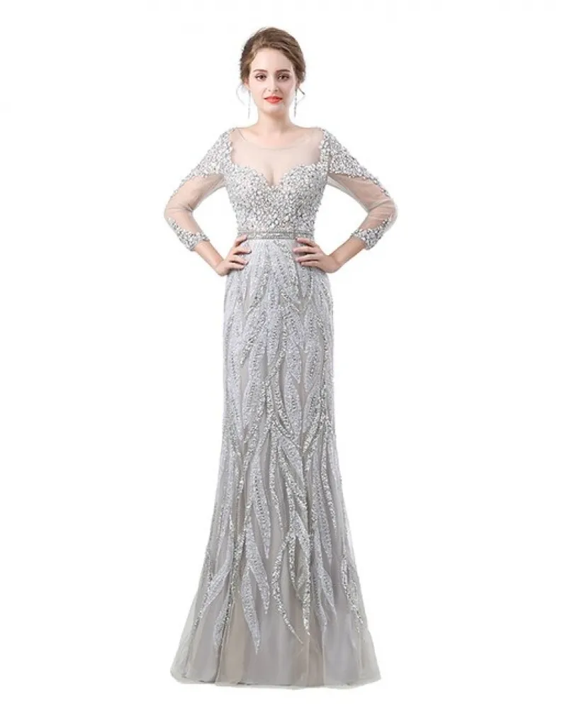 Elegante abito da sera argento sirena maniche lunghe collo trasparente abito da sera da ballo da donna in cristallo con perline