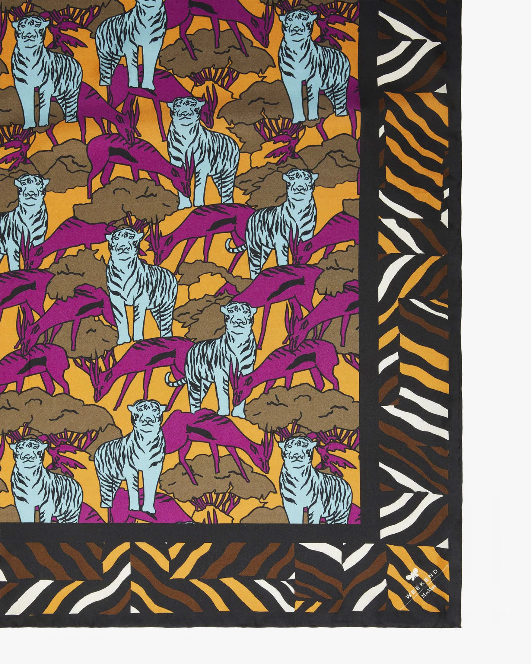 Foulard in seta nero e color coccio a stampa tigri azzurrre e gnù viola
