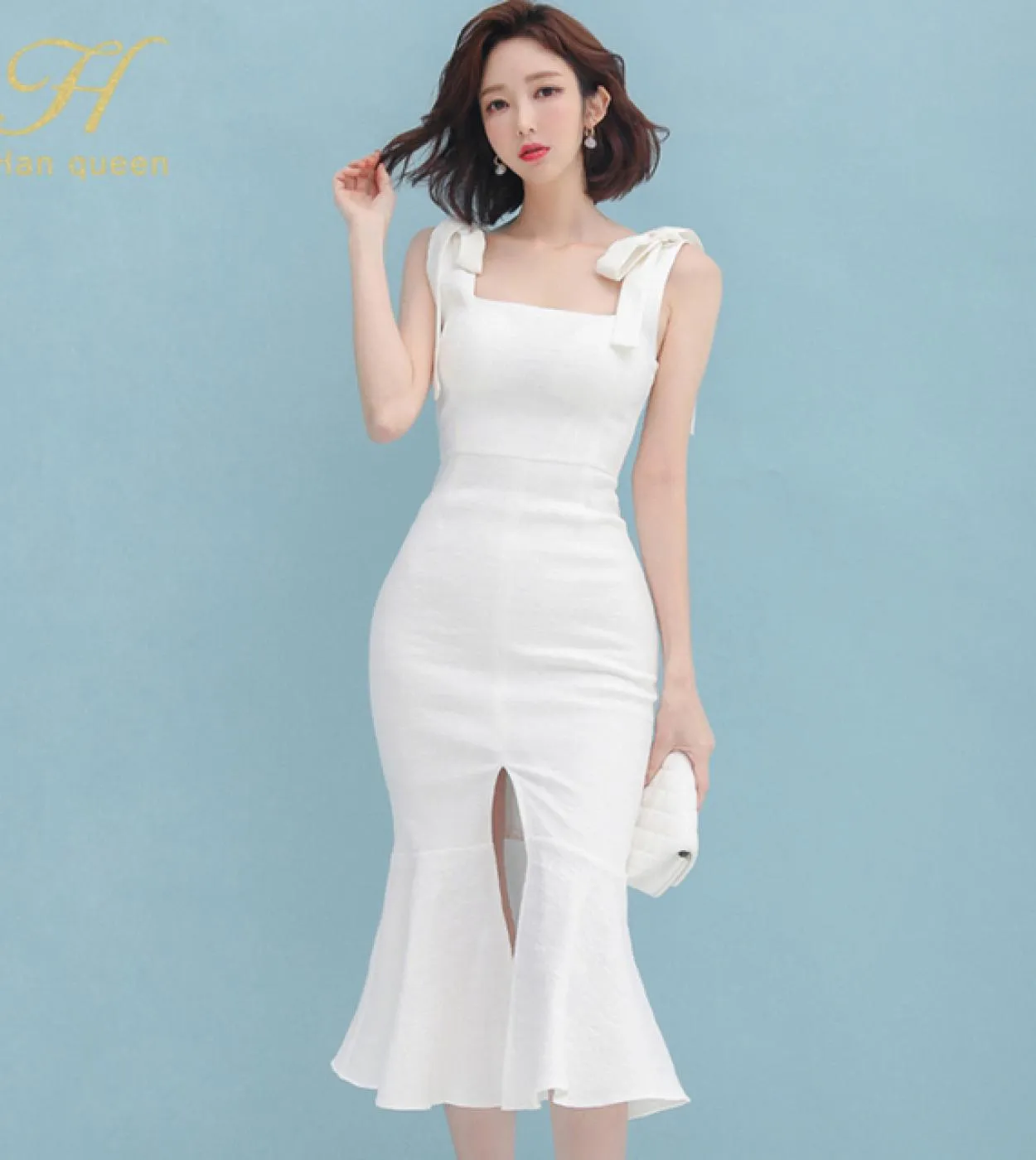 H Han Queen Summer New Elegant Bow Jacquard Mermaid Dress Womens Simple Slim Bodycon Abiti Casual Party Office Wear Ve
