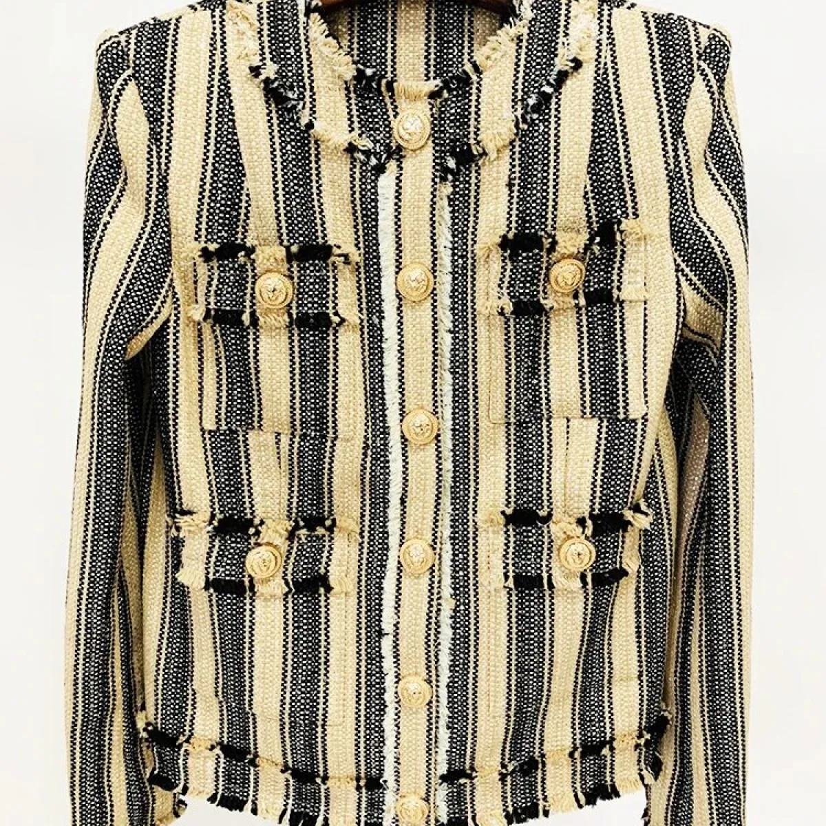 High Street Newest 2023 A/w Designer Capispalla da donna Elegante giallo nero a righe nappe e frange giacca di tweed