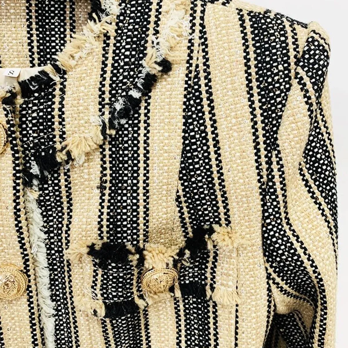 High Street Newest 2023 A/w Designer Capispalla da donna Elegante giallo nero a righe nappe e frange giacca di tweed