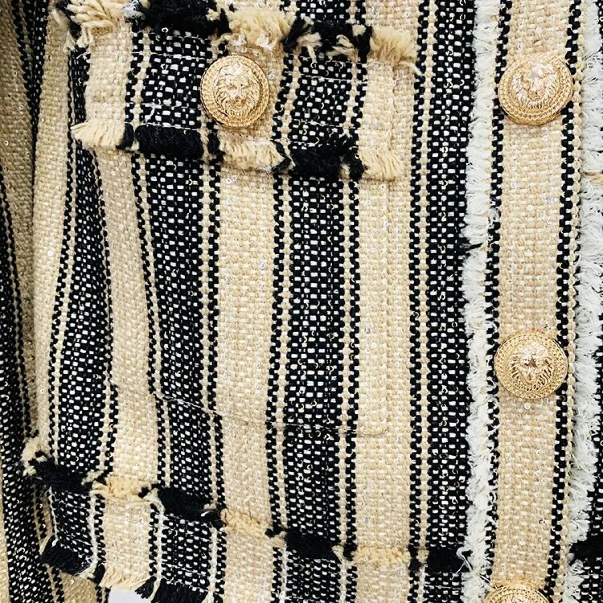 High Street Newest 2023 A/w Designer Capispalla da donna Elegante giallo nero a righe nappe e frange giacca di tweed