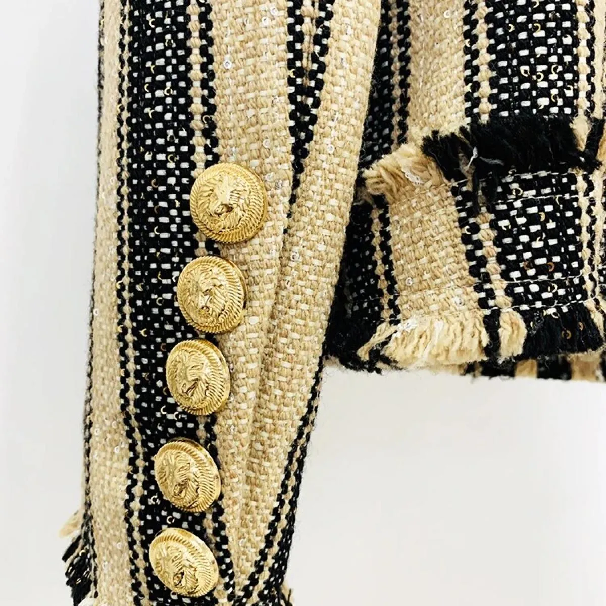 High Street Newest 2023 A/w Designer Capispalla da donna Elegante giallo nero a righe nappe e frange giacca di tweed
