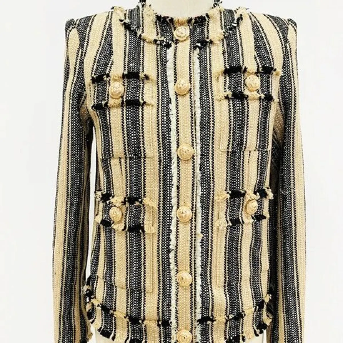 High Street Newest 2023 A/w Designer Capispalla da donna Elegante giallo nero a righe nappe e frange giacca di tweed