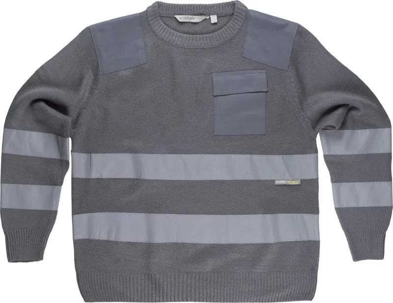 Maglione girocollo con tasca e 2 nastri riflettenti grigio