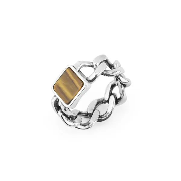 MAN016T Anello a fascia con maglia grumetta e centrale di occhio di tigre    