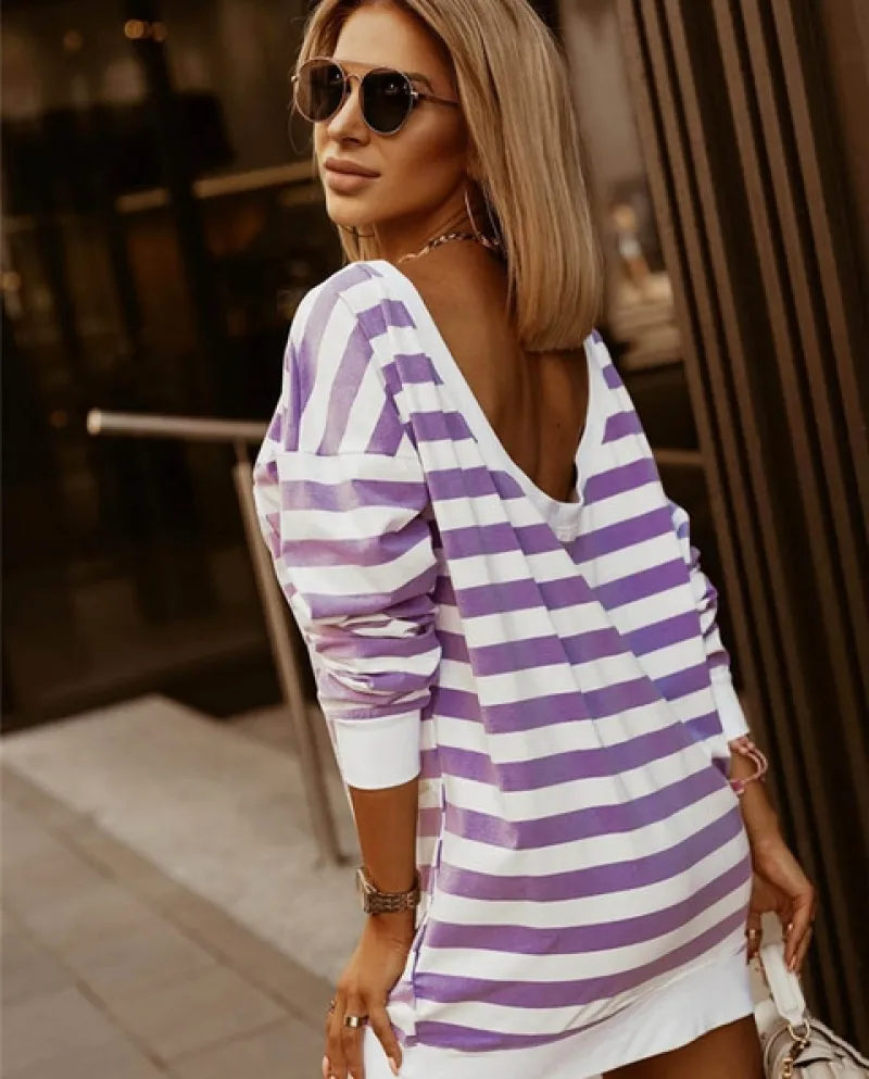 Mini abito primavera autunno moda elegante o collo manica lunga a righe vacanza spiaggia abiti da festa casual per le donne Robe
