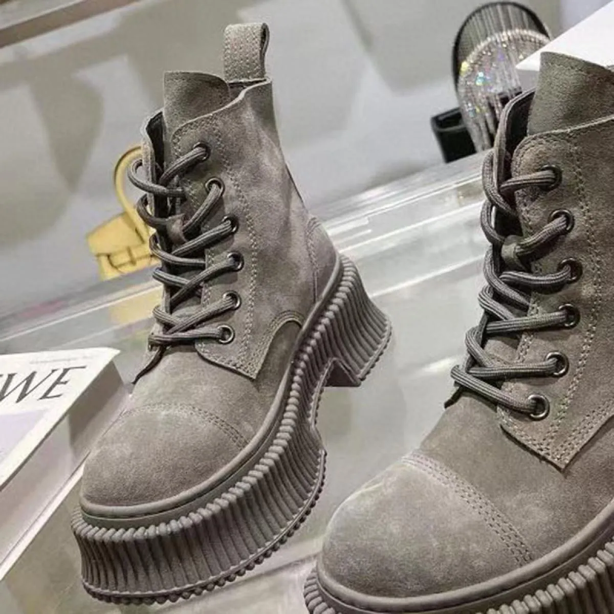 Nuovi stivali con plateau autunnali per donna in vera pelle di cammello pelle scamosciata di mucca stivaletti grossi alla cavigl