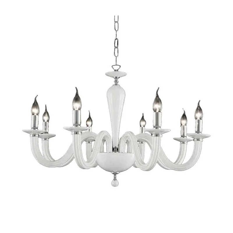 Ondaluce Lampadario Ravel/8 in vetro lavorato a mano con dettagli metallici, bianco