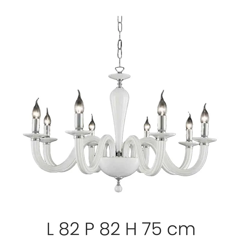 Ondaluce Lampadario Ravel/8 in vetro lavorato a mano con dettagli metallici, bianco