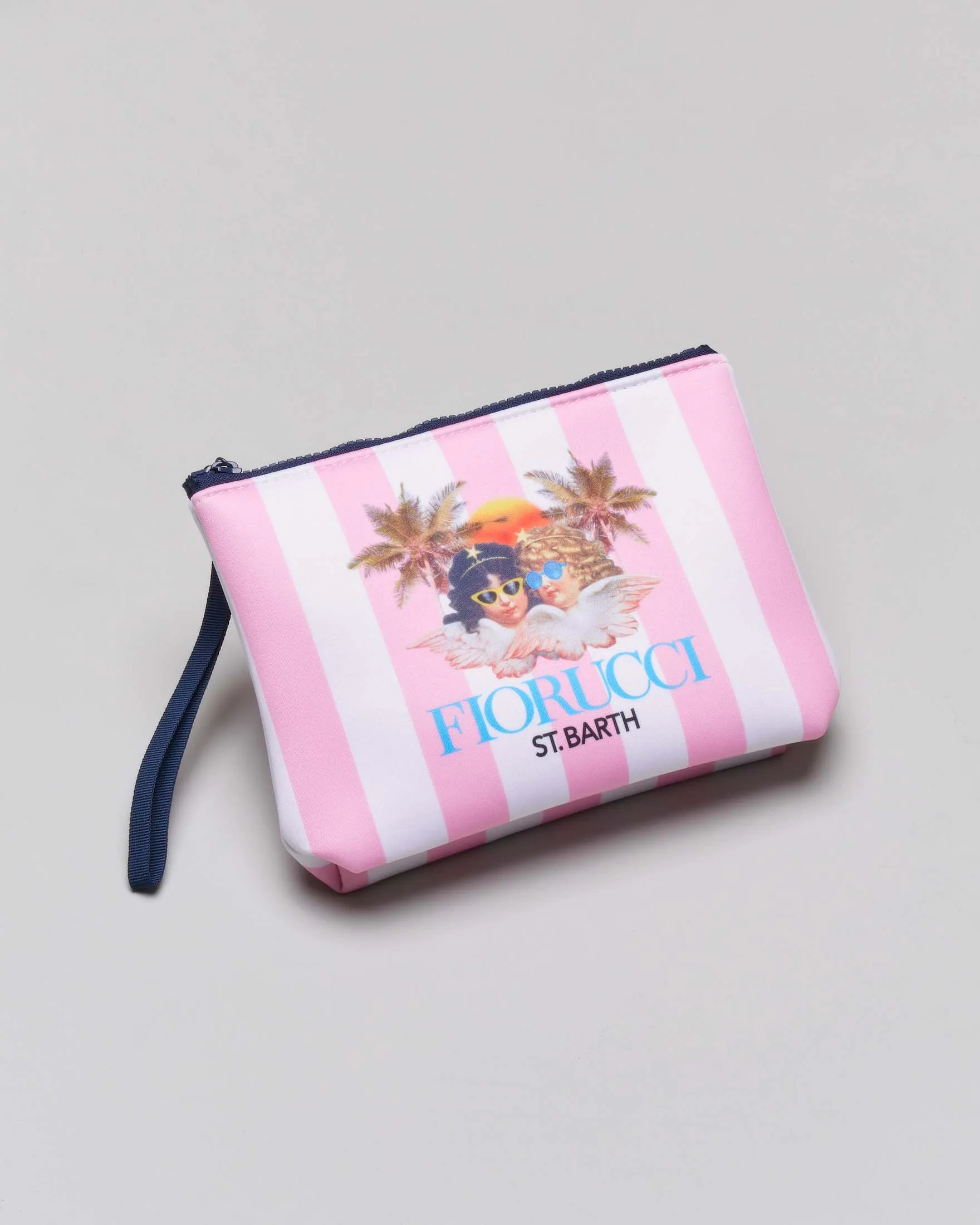 Pochette Aline in scuba a righe rosa e bianche con stampa Fiorucci