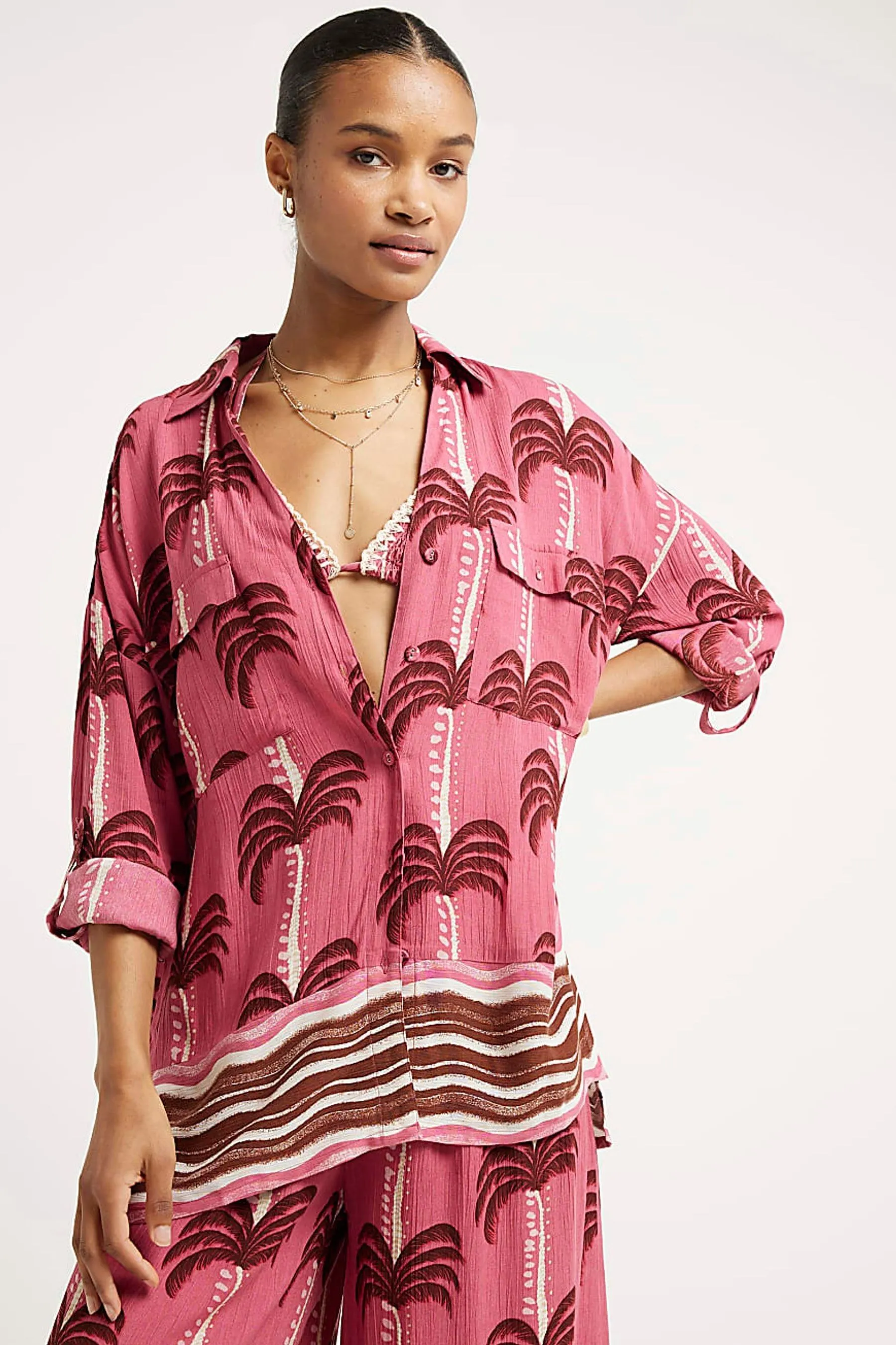 River Island - Camicia da mare oversize Stampa con palme