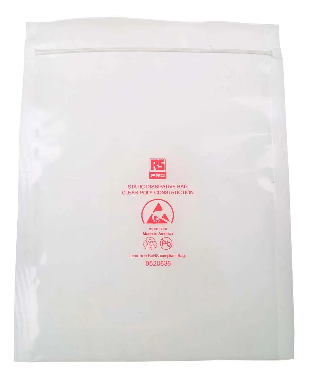 Sacchetto antistatico RS PRO 200mm x 150mm x 0.09mm, col. Trasparente, 100 pz.