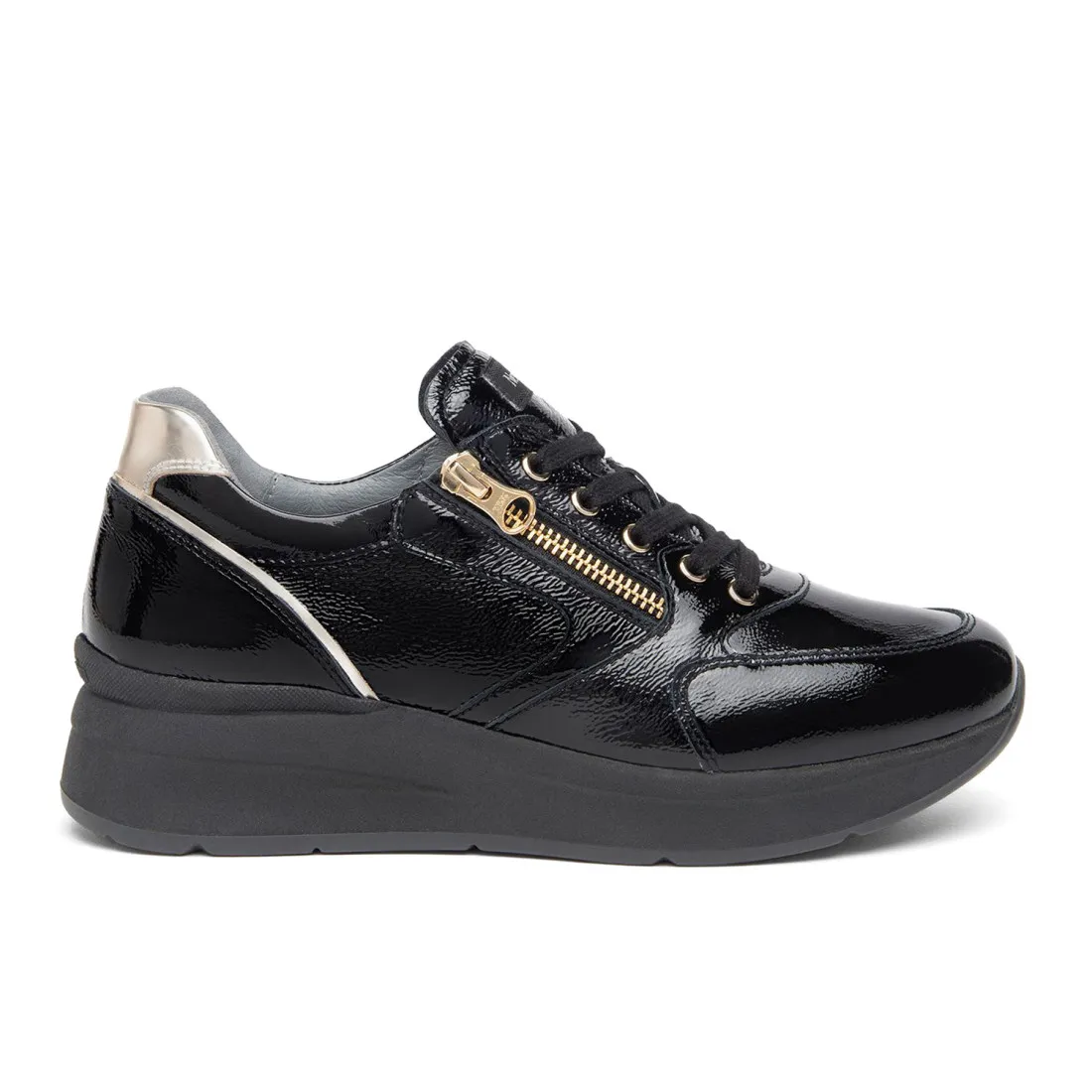 Sneaker da donna NeroGiardini in vernice nera con zip laterale