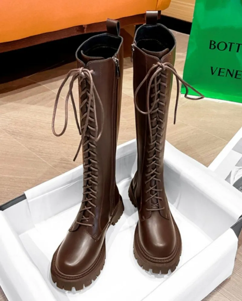 Stivali alla coscia Stivali da moto da donna Stivali con zeppa Stivali con plateau in pelle con lacci Scarpe da donna Stivali ne