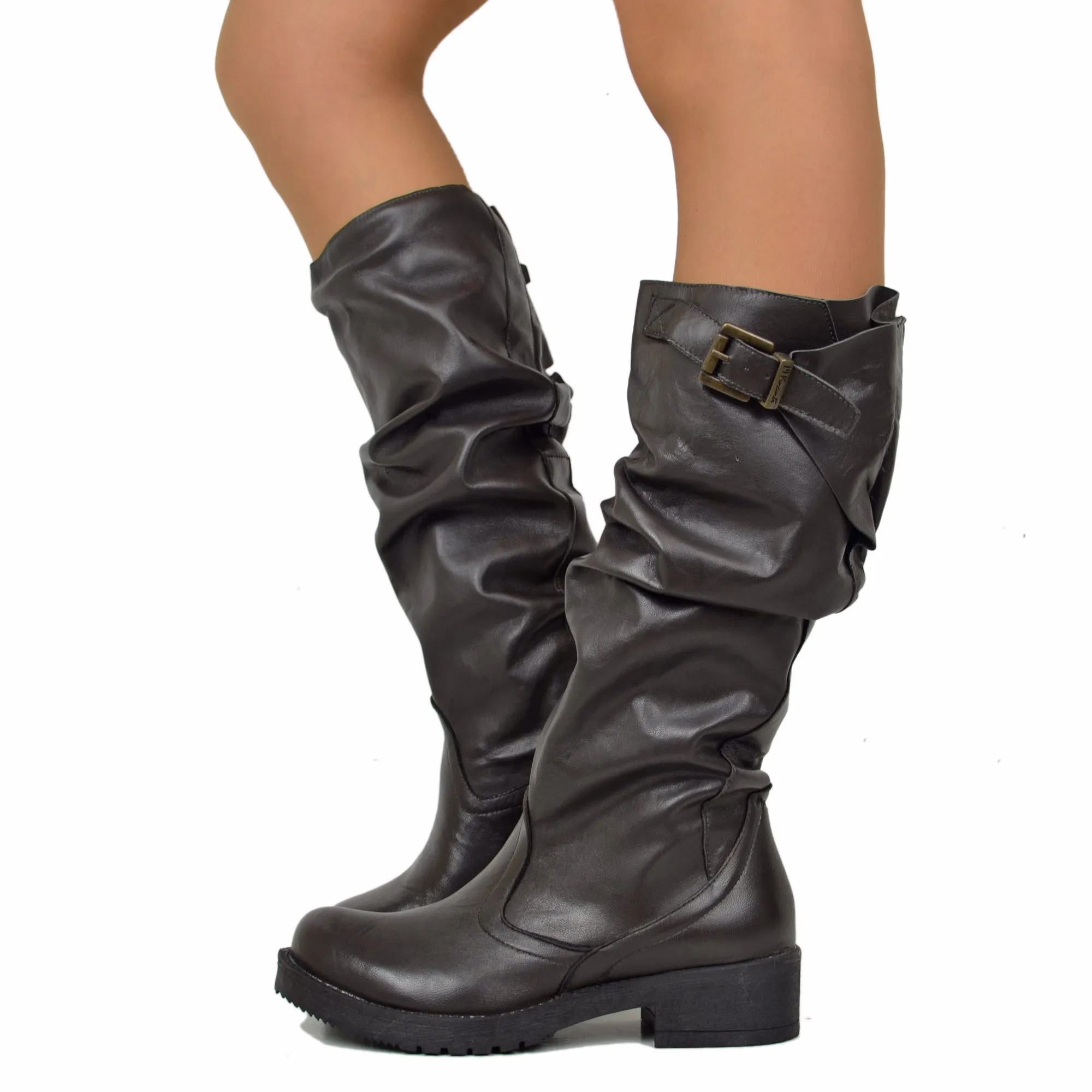 Stivali Donna Biker con Fibbia in Pelle Marroni Made in Italy