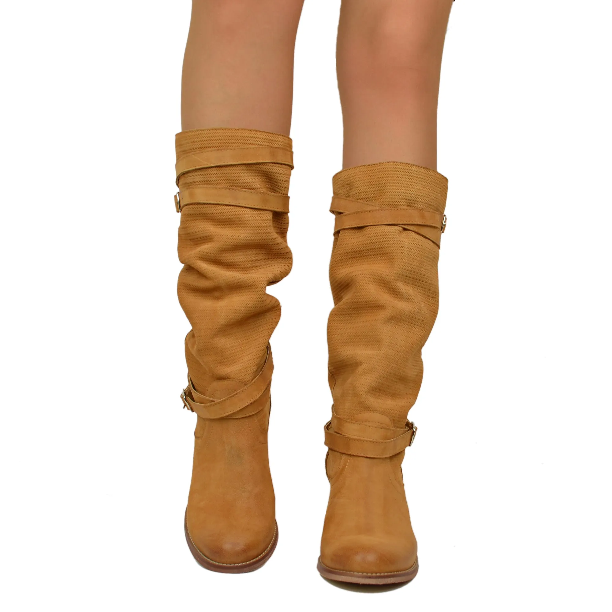 Stivali Donna in Pelle Nabuk Zigrinata Cuoio Made in Italy