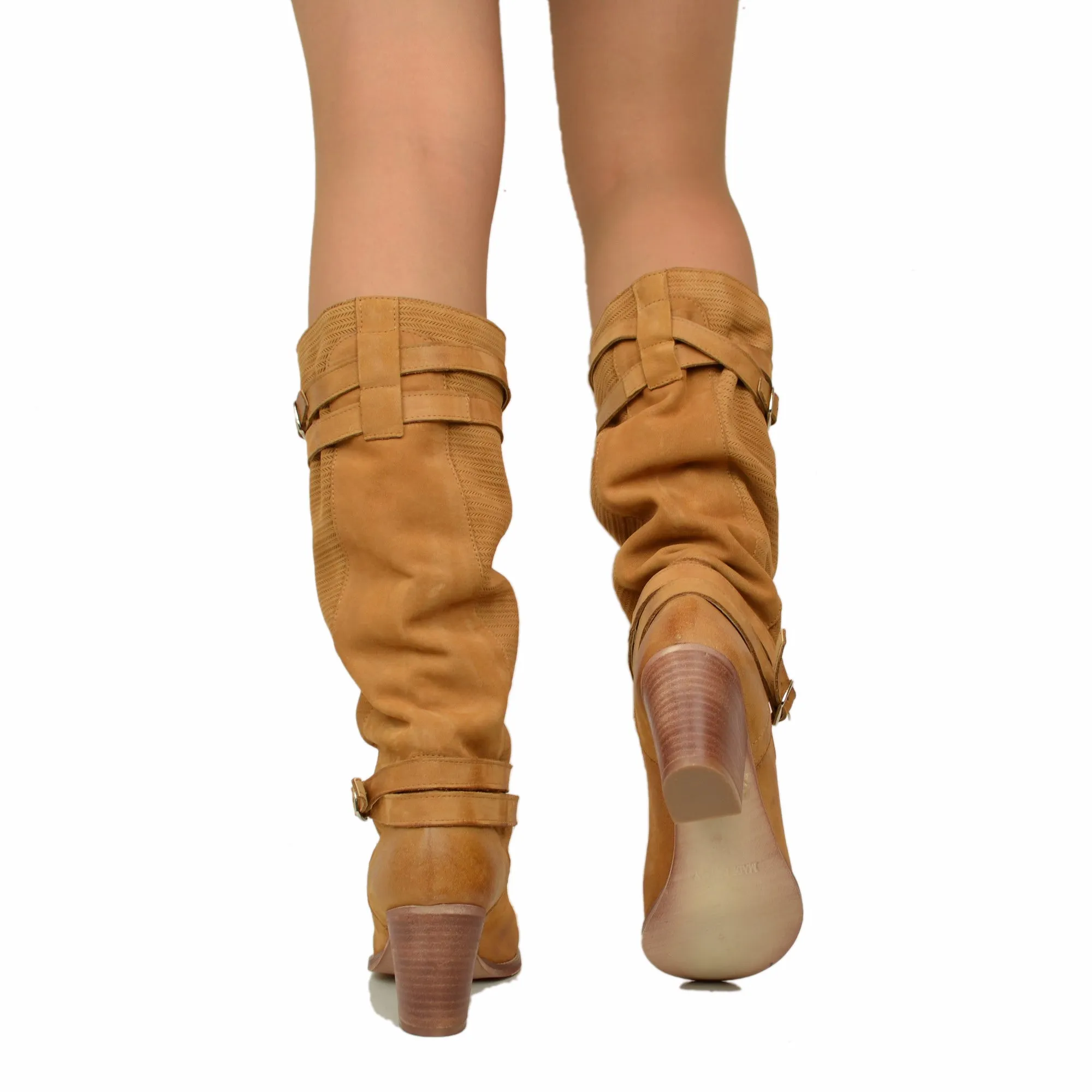Stivali Donna in Pelle Nabuk Zigrinata Cuoio Made in Italy