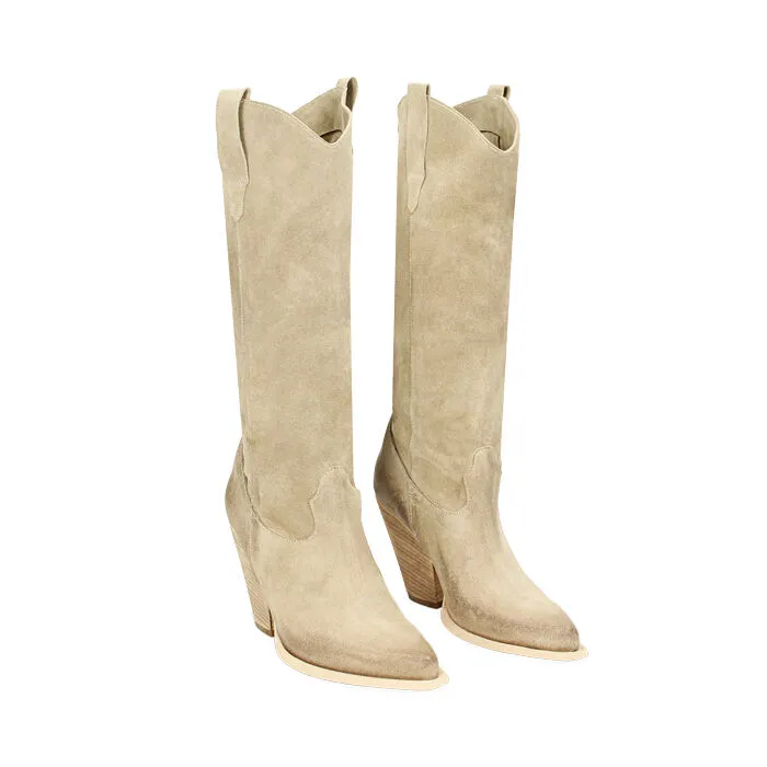 Stivali texani in camoscio beige, tacco 10 cm
