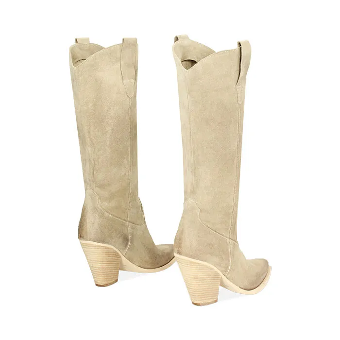 Stivali texani in camoscio beige, tacco 10 cm