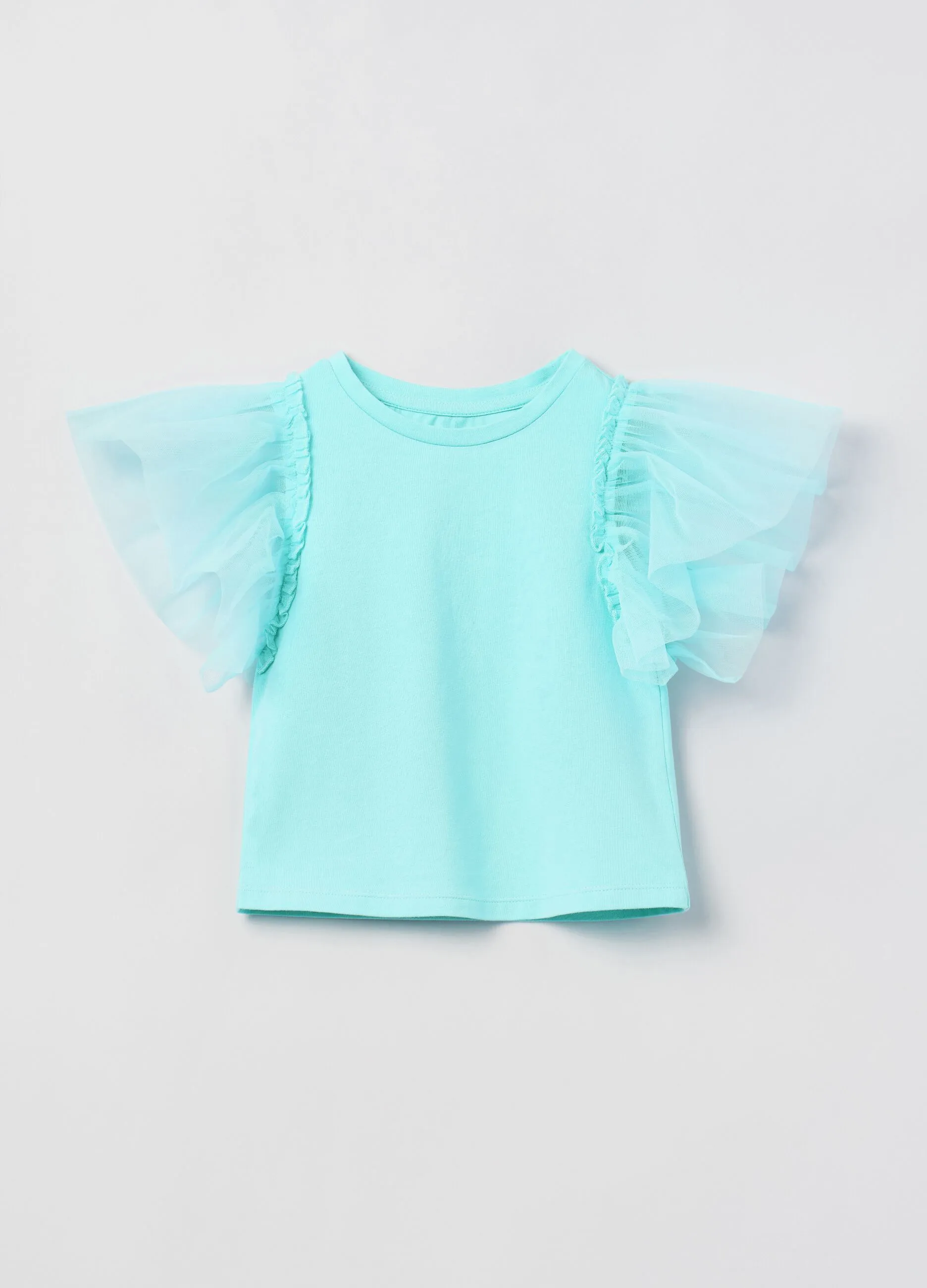 T-shirt in cotone con maniche in tulle
