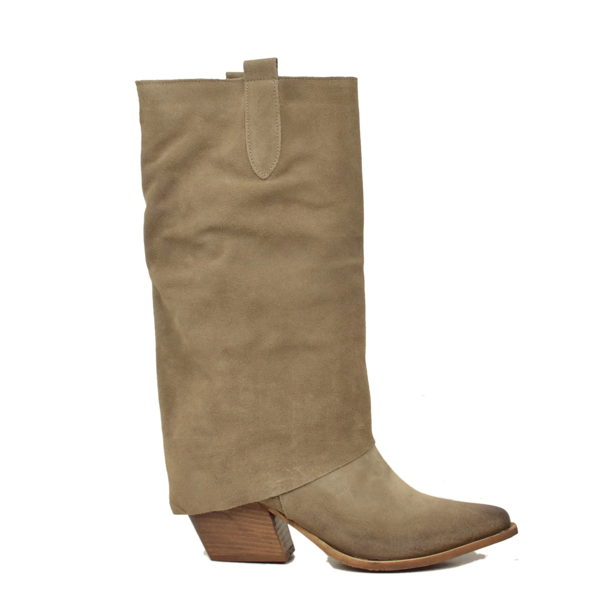 Texani con Ghetta Tacco Medio Coperto Vera Pelle Scamosciata Taupe