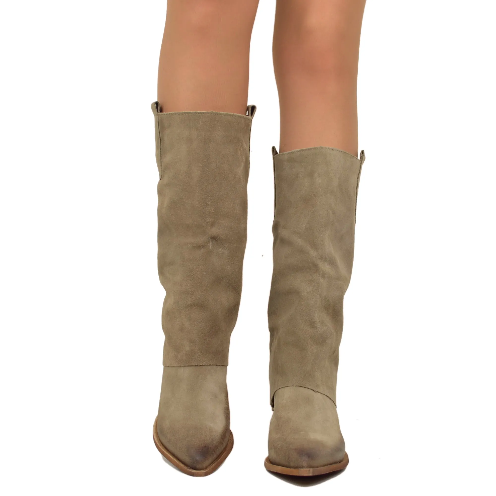 Texani con Ghetta Tacco Medio Coperto Vera Pelle Scamosciata Taupe