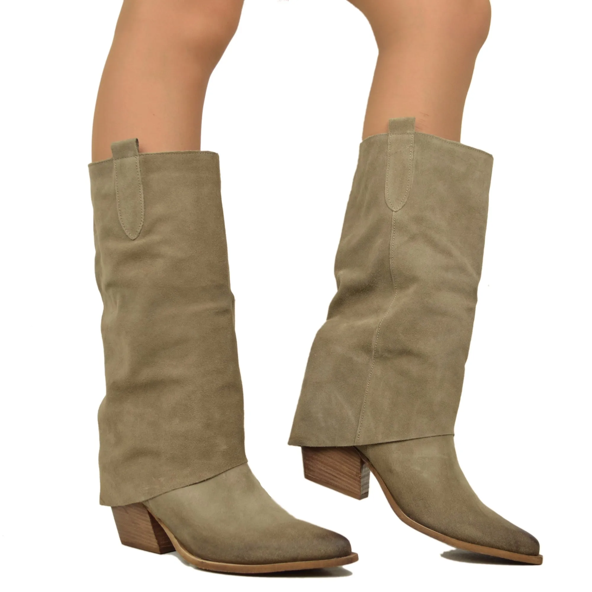 Texani con Ghetta Tacco Medio Coperto Vera Pelle Scamosciata Taupe