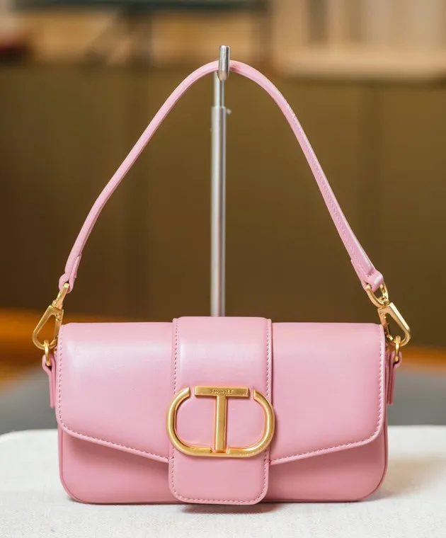 Twinset Borsa baguette Amie in pelle rosa con logo Oval T 242TB7091